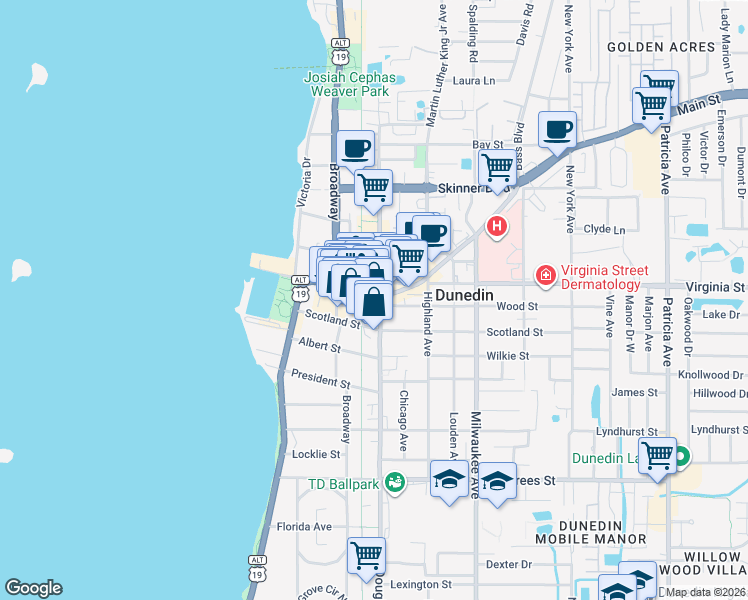 map of restaurants, bars, coffee shops, grocery stores, and more near in Dunedin