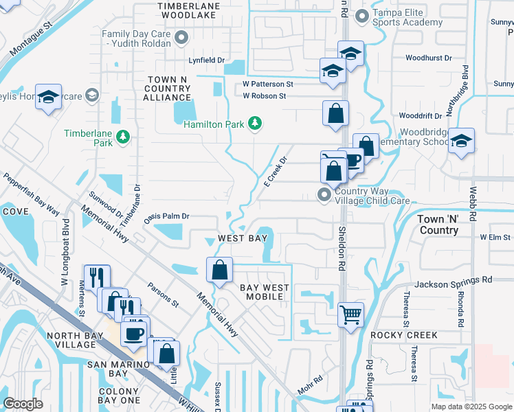 map of restaurants, bars, coffee shops, grocery stores, and more near 9023 Westbay Boulevard in Tampa