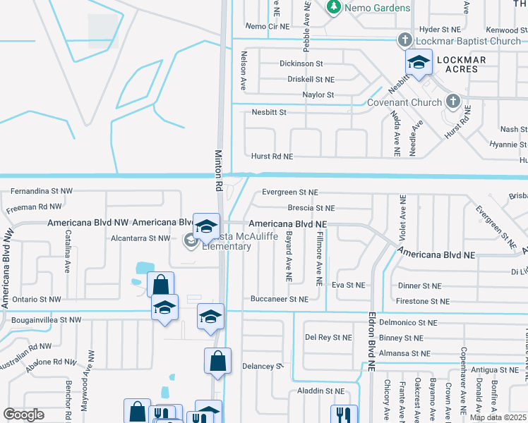 map of restaurants, bars, coffee shops, grocery stores, and more near 141 Americana Boulevard Northeast in Palm Bay