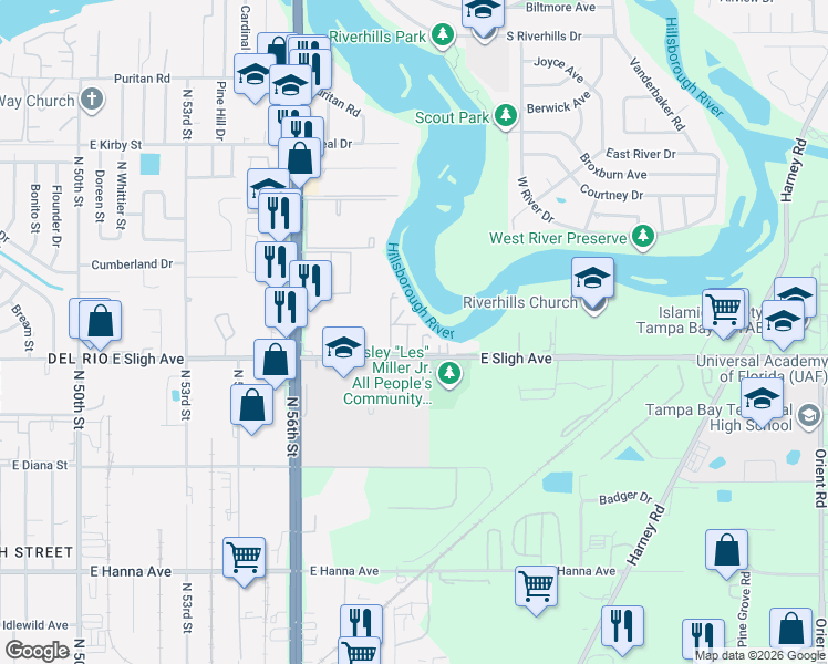 map of restaurants, bars, coffee shops, grocery stores, and more near 6002 East Sligh Avenue in Tampa