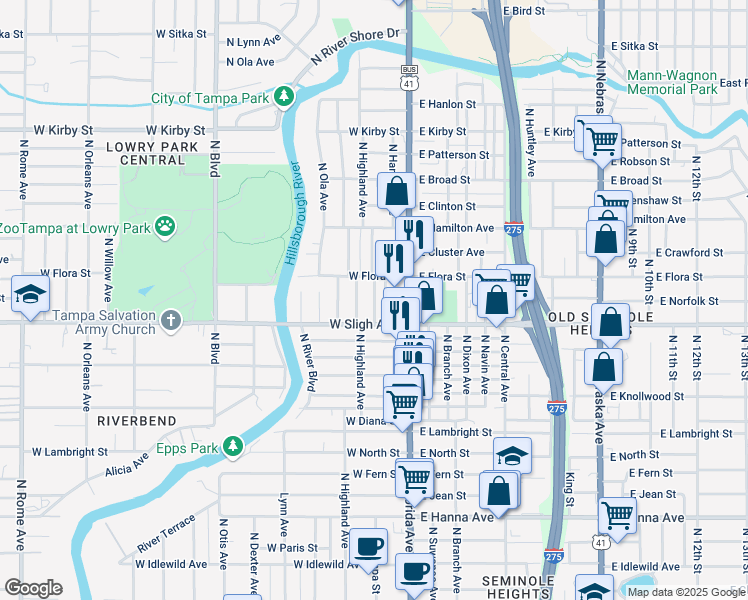 map of restaurants, bars, coffee shops, grocery stores, and more near 117 West Sligh Avenue in Tampa