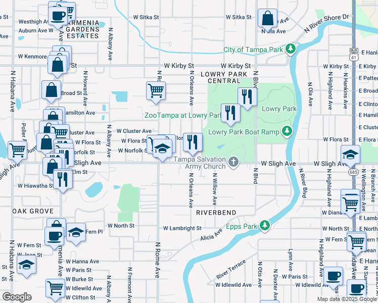 map of restaurants, bars, coffee shops, grocery stores, and more near 6905 North Orleans Avenue in Tampa