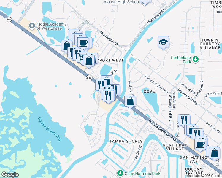 map of restaurants, bars, coffee shops, grocery stores, and more near 11200 West Hillsborough Avenue in Tampa