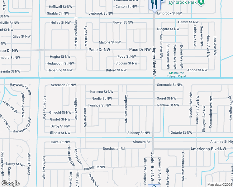 map of restaurants, bars, coffee shops, grocery stores, and more near 535 Fernwood Avenue Northwest in Palm Bay