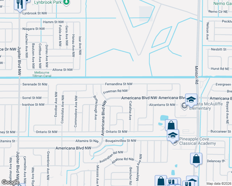 map of restaurants, bars, coffee shops, grocery stores, and more near 455 Americana Boulevard Northwest in Palm Bay