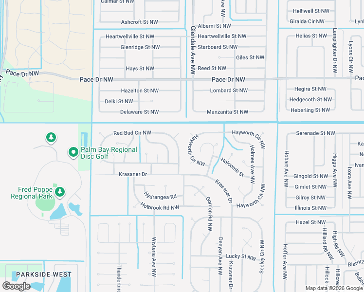 map of restaurants, bars, coffee shops, grocery stores, and more near 1643 Red Bud Circle Northwest in Palm Bay