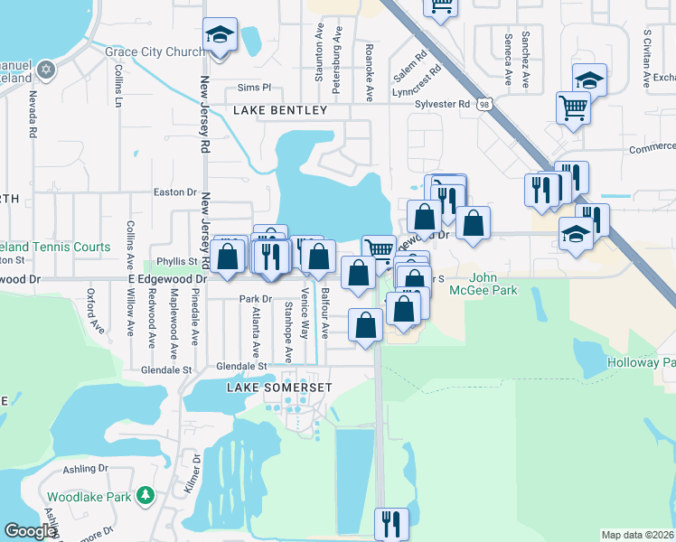 map of restaurants, bars, coffee shops, grocery stores, and more near 1925 East Edgewood Drive in Lakeland