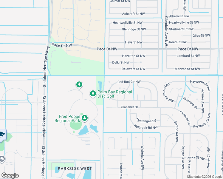 map of restaurants, bars, coffee shops, grocery stores, and more near 1883 Red Bud Circle Northwest in Palm Bay