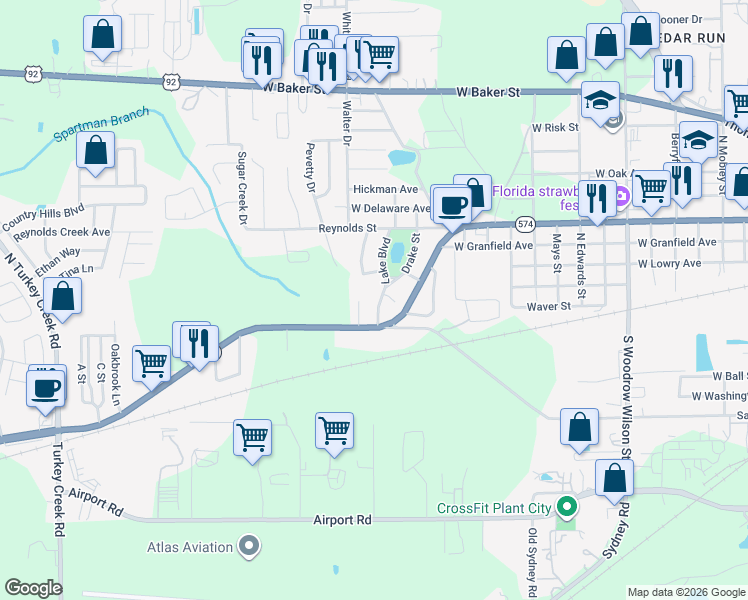 map of restaurants, bars, coffee shops, grocery stores, and more near 3 North Lake Boulevard in Plant City