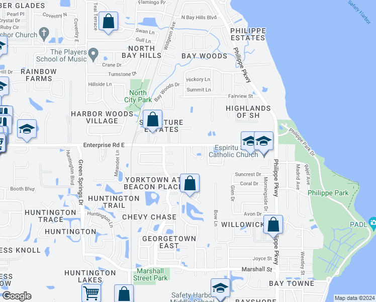 map of restaurants, bars, coffee shops, grocery stores, and more near 2413 Country Trails Drive in Safety Harbor