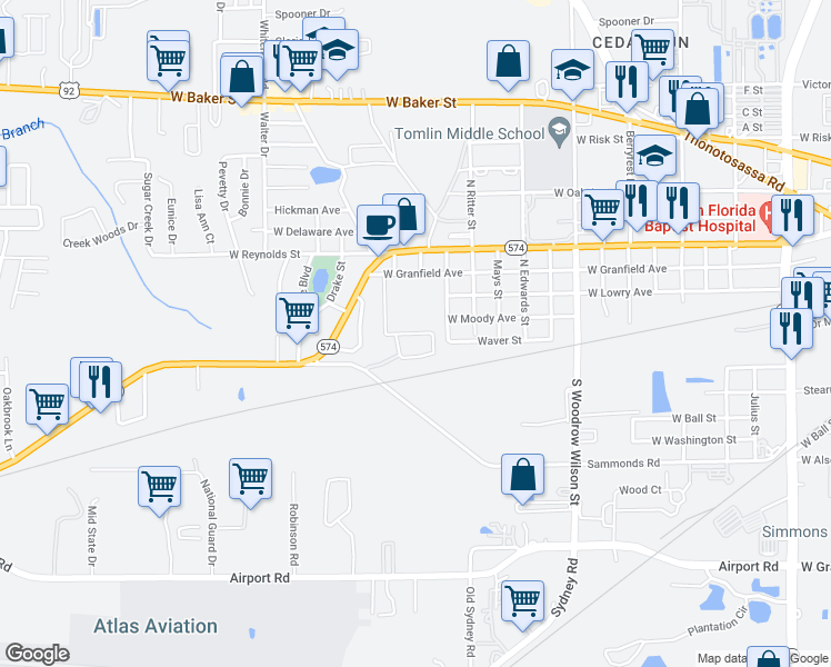 map of restaurants, bars, coffee shops, grocery stores, and more near 19 Westside Drive in Plant City
