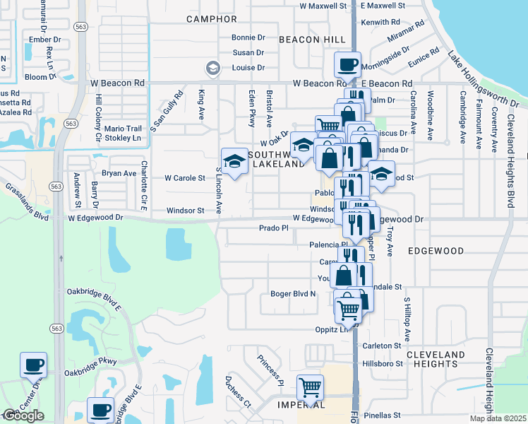 map of restaurants, bars, coffee shops, grocery stores, and more near 549 Prado Place in Lakeland