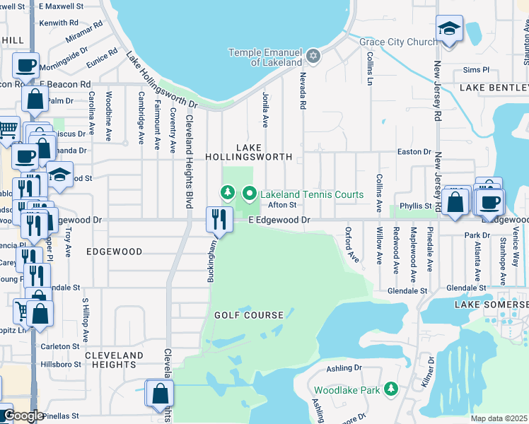 map of restaurants, bars, coffee shops, grocery stores, and more near 1103 East Edgewood Drive in Lakeland