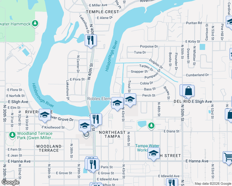 map of restaurants, bars, coffee shops, grocery stores, and more near 4102 Oak Knoll Court in Tampa