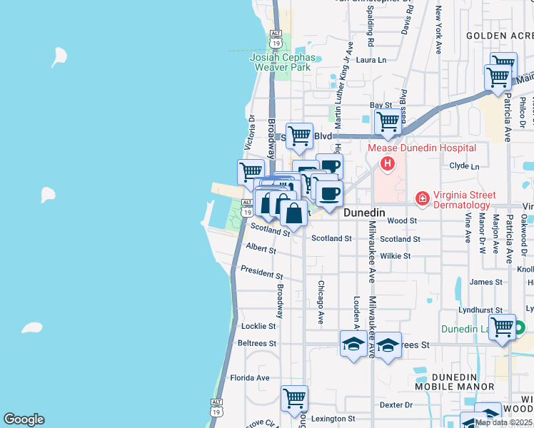 map of restaurants, bars, coffee shops, grocery stores, and more near 719 Broadway in Dunedin
