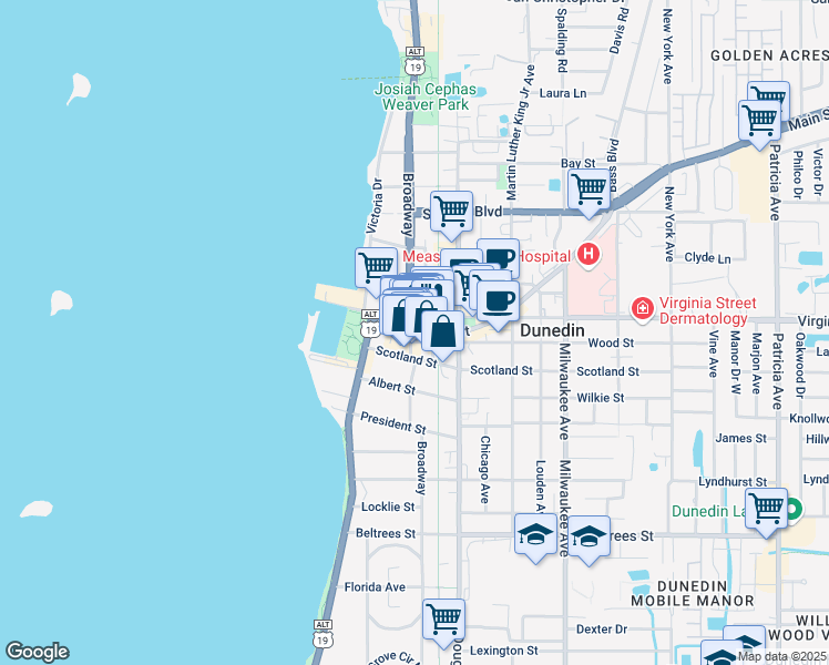 map of restaurants, bars, coffee shops, grocery stores, and more near 719 Broadway in Dunedin