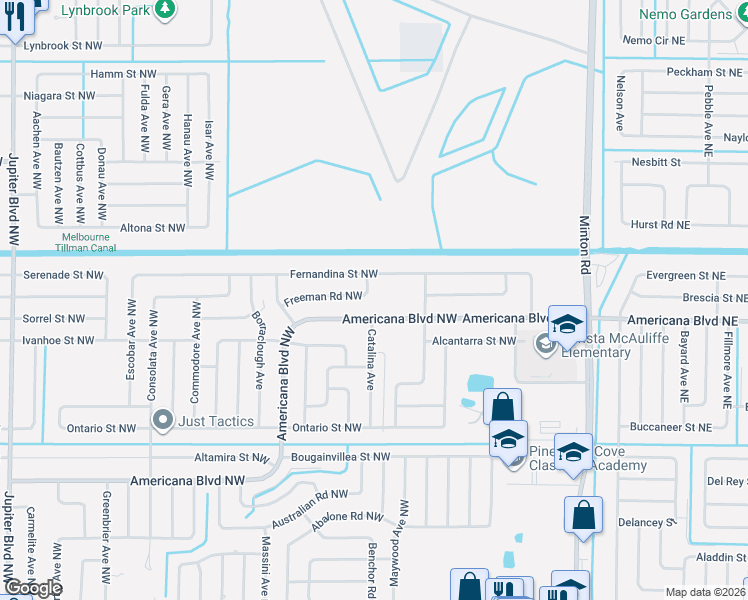 map of restaurants, bars, coffee shops, grocery stores, and more near 419 Americana Boulevard Northwest in Palm Bay