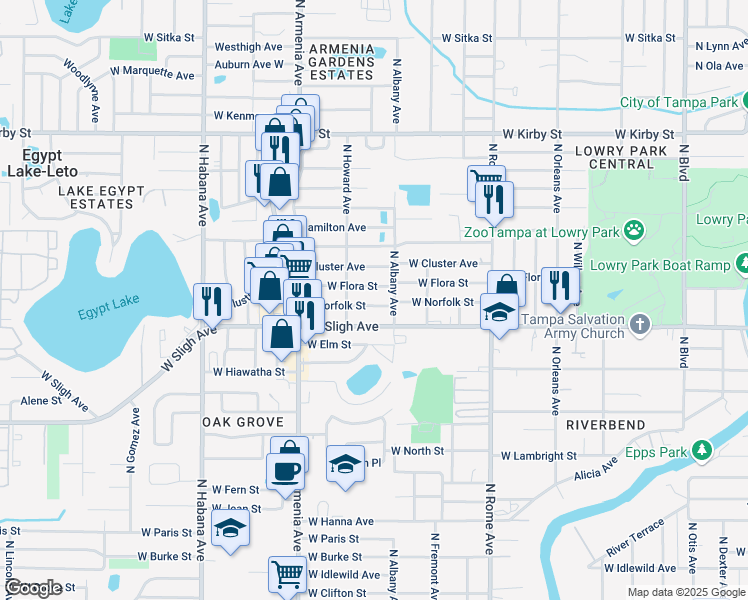 map of restaurants, bars, coffee shops, grocery stores, and more near 2101 West Sligh Avenue in Tampa