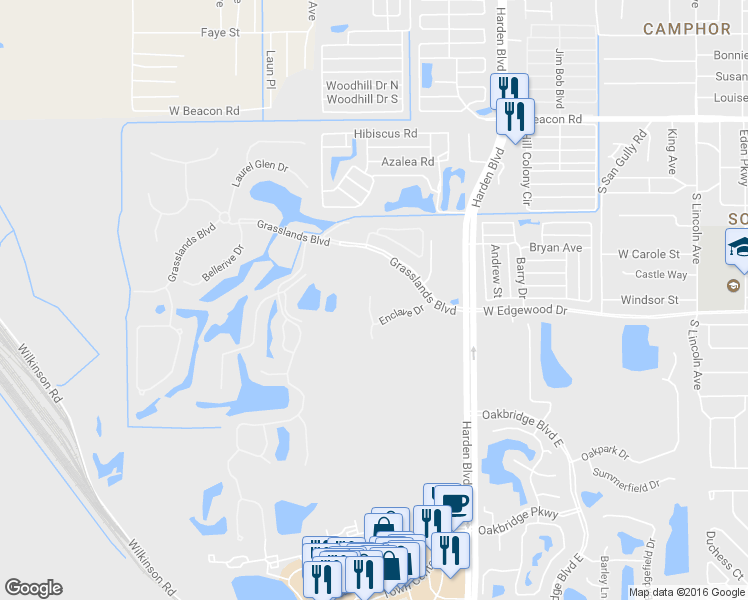 map of restaurants, bars, coffee shops, grocery stores, and more near 404 Enclave Place in Lakeland