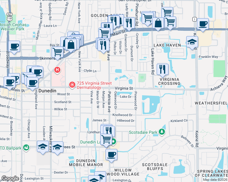 map of restaurants, bars, coffee shops, grocery stores, and more near 938 Virginia Street in Dunedin