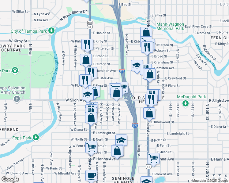 map of restaurants, bars, coffee shops, grocery stores, and more near 7001 North Navin Avenue in Tampa