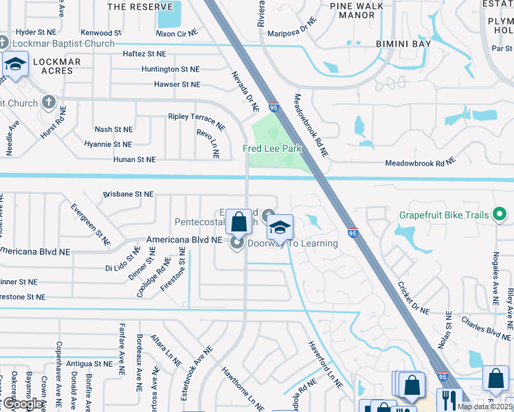 map of restaurants, bars, coffee shops, grocery stores, and more near 917 Bellevue Street Northeast in Palm Bay