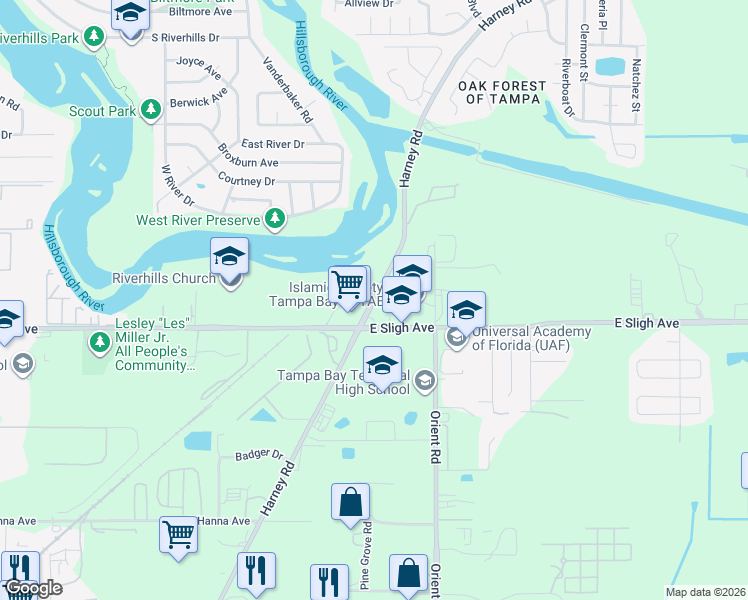 map of restaurants, bars, coffee shops, grocery stores, and more near 7000 Harney Road in Tampa
