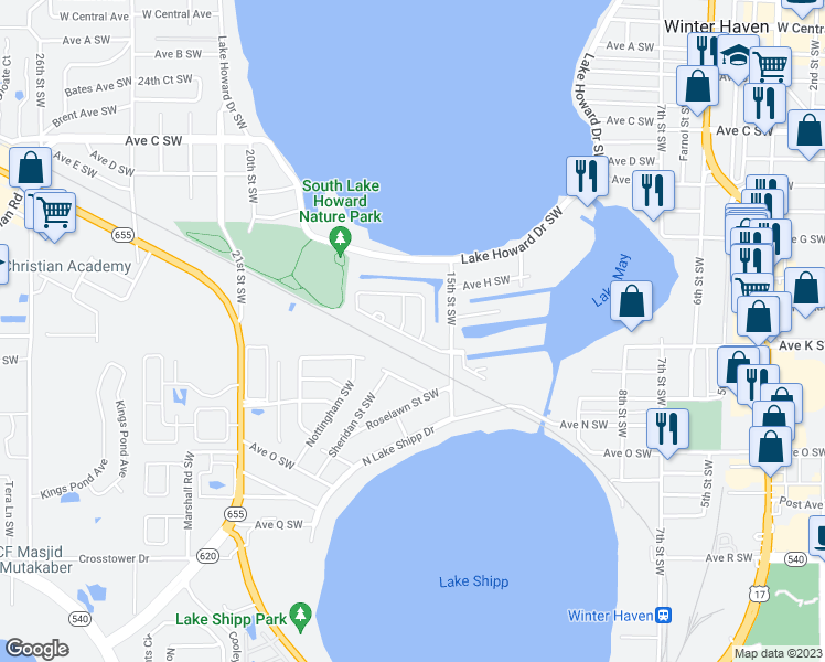 map of restaurants, bars, coffee shops, grocery stores, and more near 1509 Foxridge Run Southwest in Winter Haven