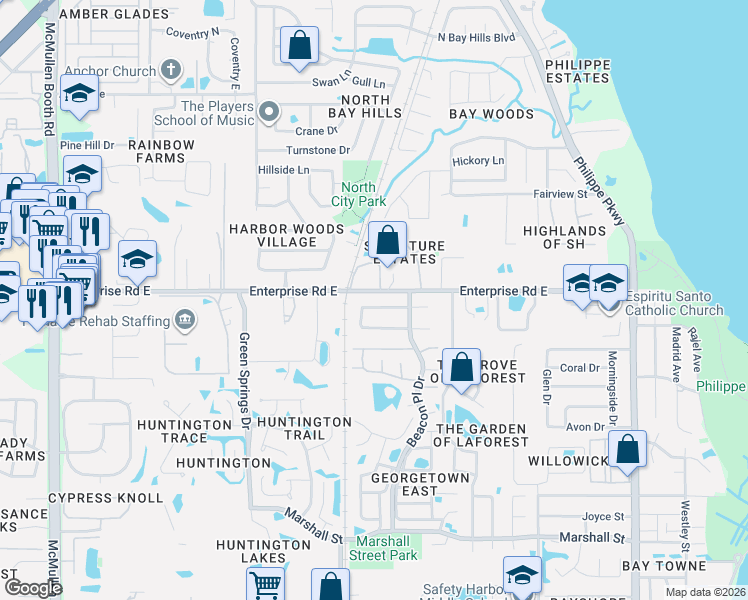 map of restaurants, bars, coffee shops, grocery stores, and more near 3406 County Road 102 in Safety Harbor
