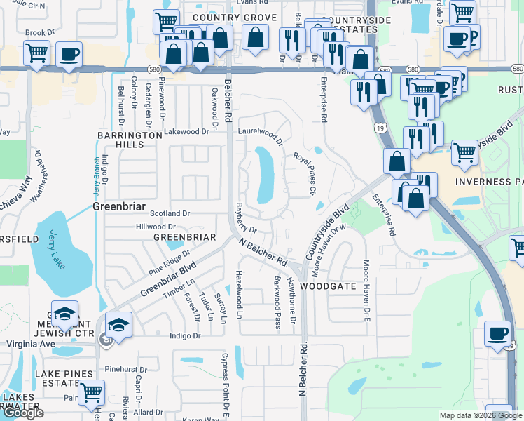 map of restaurants, bars, coffee shops, grocery stores, and more near 2489 Oakleaf Lane in Clearwater