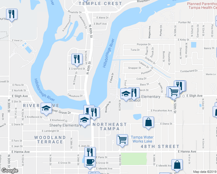 map of restaurants, bars, coffee shops, grocery stores, and more near 7226 East Bank Drive in Tampa
