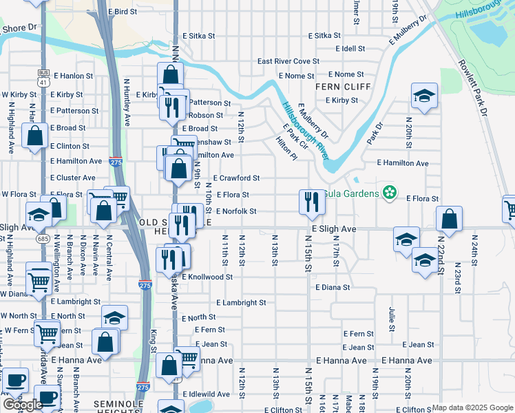 map of restaurants, bars, coffee shops, grocery stores, and more near 1208 East Norfolk Street in Tampa