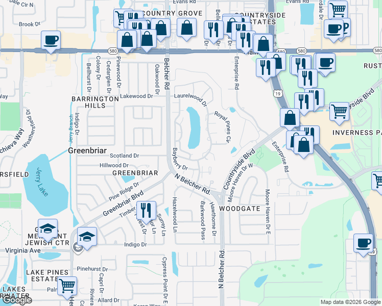 map of restaurants, bars, coffee shops, grocery stores, and more near 2489 Oakleaf Lane in Clearwater