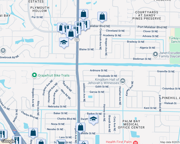 map of restaurants, bars, coffee shops, grocery stores, and more near 1760 Ardmore Street Northeast in Palm Bay