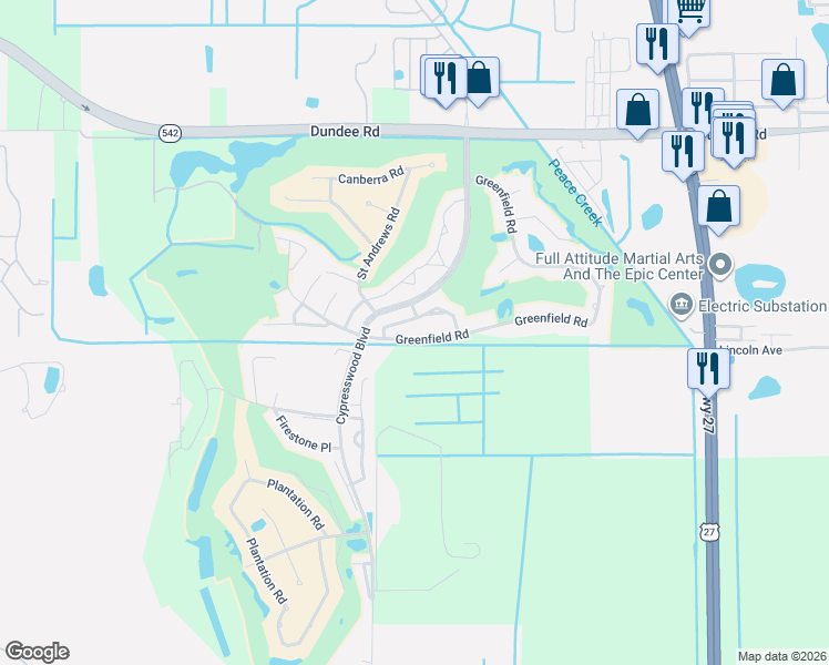 map of restaurants, bars, coffee shops, grocery stores, and more near 424 Sandestin Drive Southeast in Winter Haven