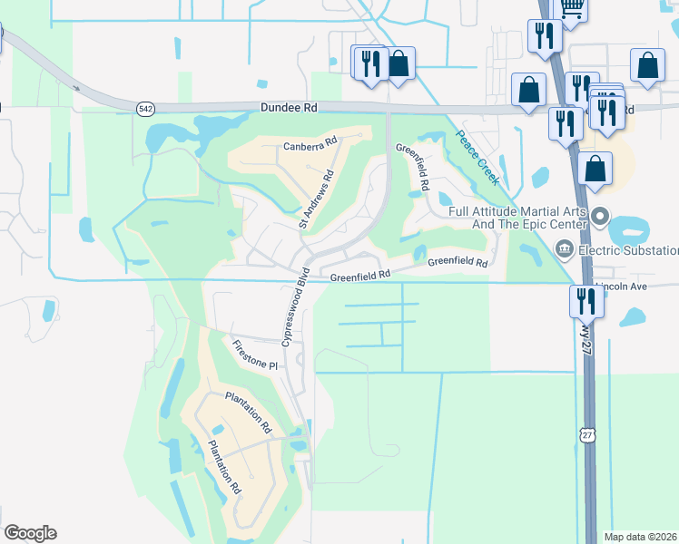 map of restaurants, bars, coffee shops, grocery stores, and more near 424 Sandestin Drive Southeast in Winter Haven
