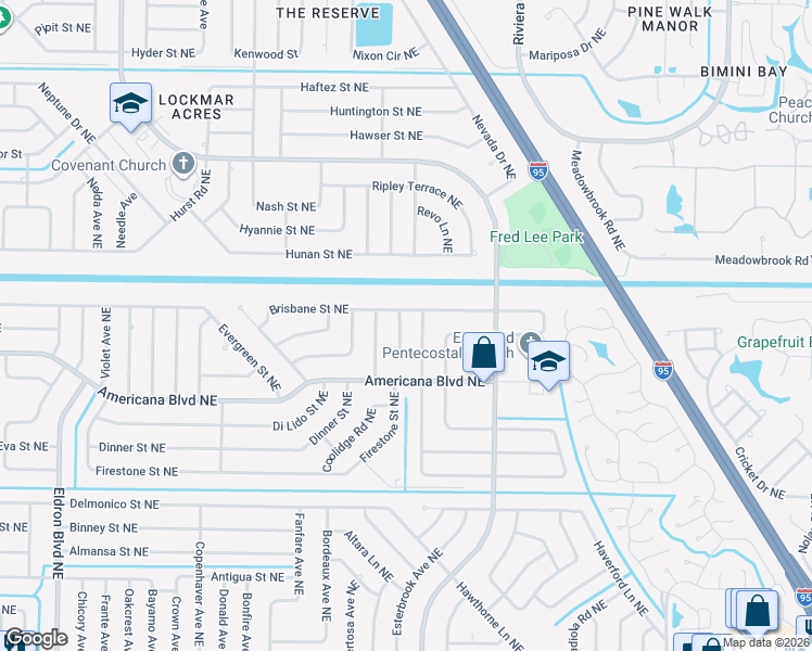 map of restaurants, bars, coffee shops, grocery stores, and more near 823 Brisbane Street Northeast in Palm Bay