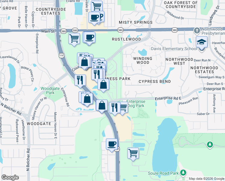 map of restaurants, bars, coffee shops, grocery stores, and more near 2597 Countryside Boulevard in Clearwater