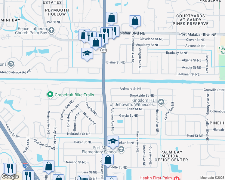 map of restaurants, bars, coffee shops, grocery stores, and more near 1712 Ardmore Street Northeast in Palm Bay