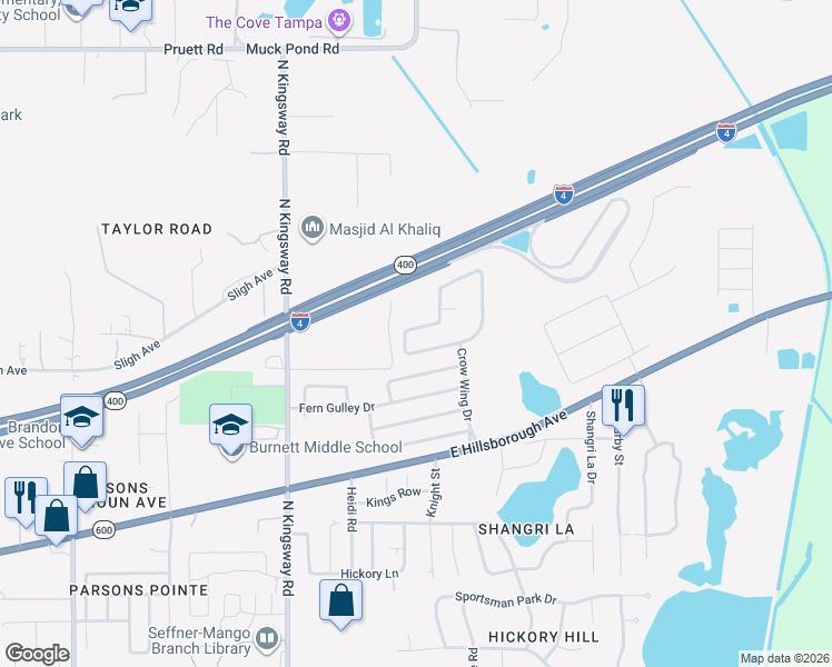 map of restaurants, bars, coffee shops, grocery stores, and more near 416 Arch Ridge Loop in Seffner