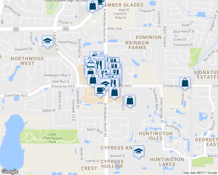map of restaurants, bars, coffee shops, grocery stores, and more near 2456 North McMullen Booth Road in Clearwater