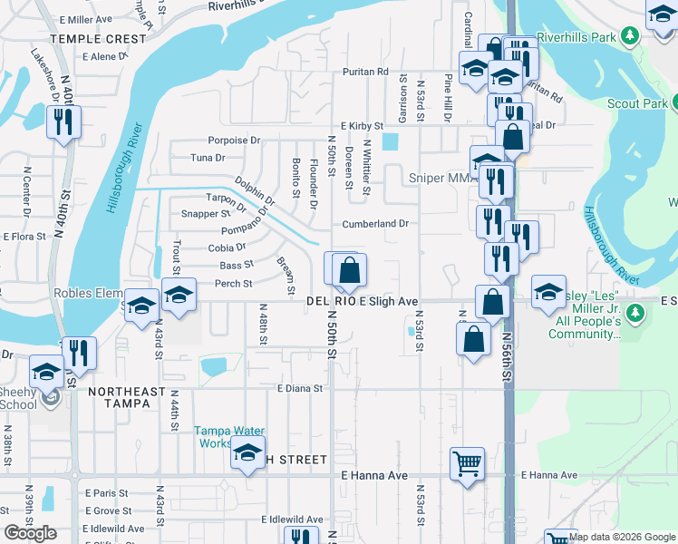 map of restaurants, bars, coffee shops, grocery stores, and more near 5007 East Cluster Avenue in Tampa