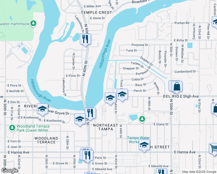 map of restaurants, bars, coffee shops, grocery stores, and more near 7176 East Bank Drive in Tampa
