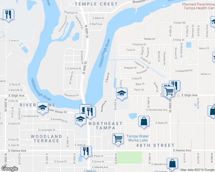 map of restaurants, bars, coffee shops, grocery stores, and more near 7176 East Bank Drive in Tampa