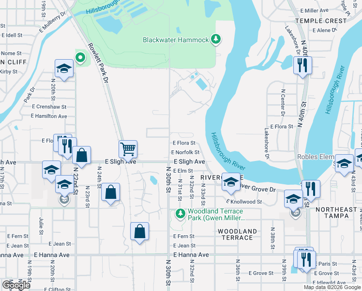 map of restaurants, bars, coffee shops, grocery stores, and more near 3014 East Flora Street in Tampa
