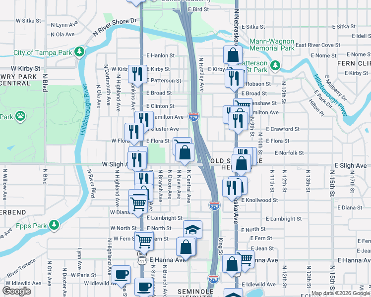 map of restaurants, bars, coffee shops, grocery stores, and more near 7005 North Central Avenue in Tampa