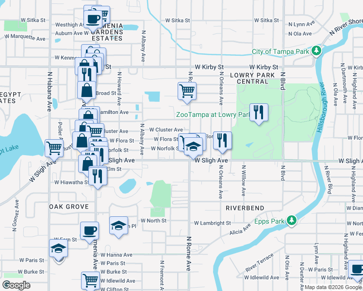 map of restaurants, bars, coffee shops, grocery stores, and more near 1715 West Flora Street in Tampa