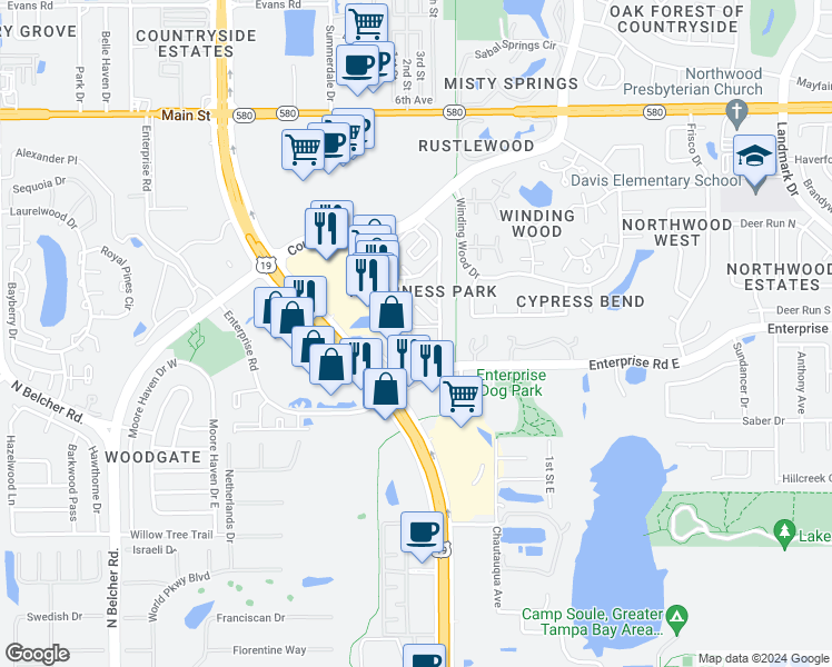 map of restaurants, bars, coffee shops, grocery stores, and more near 2595 Countryside Boulevard in Clearwater