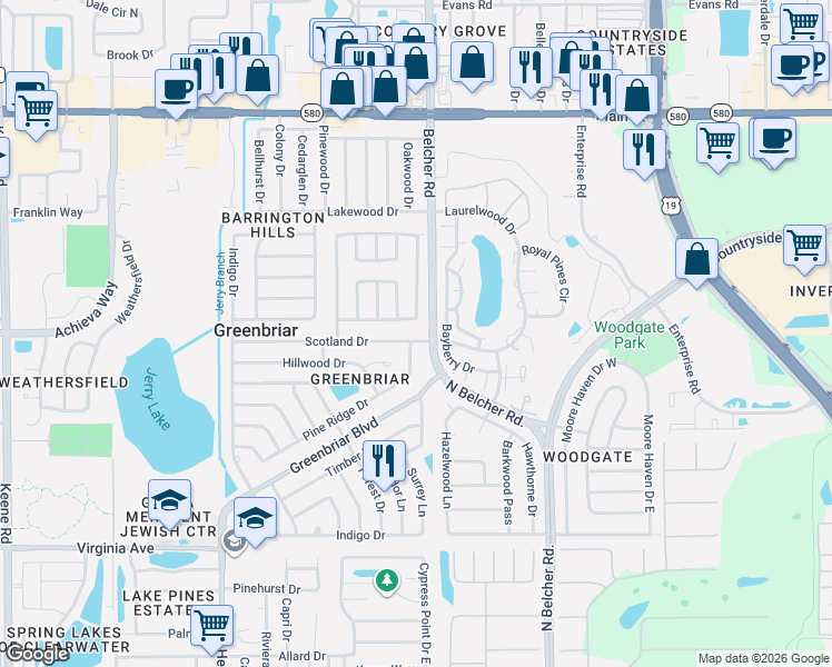 map of restaurants, bars, coffee shops, grocery stores, and more near 2190 Scotland Drive in Clearwater