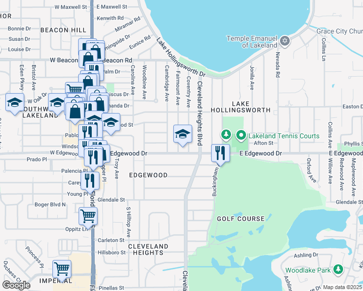 map of restaurants, bars, coffee shops, grocery stores, and more near 2727 Fairmount Avenue in Lakeland